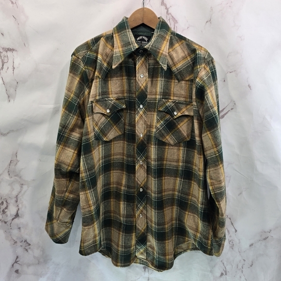 West Wool Shirt Mens XL Long Yellow Green 70s Pearl Snap Plaid Western Point - Picture 1 of 12